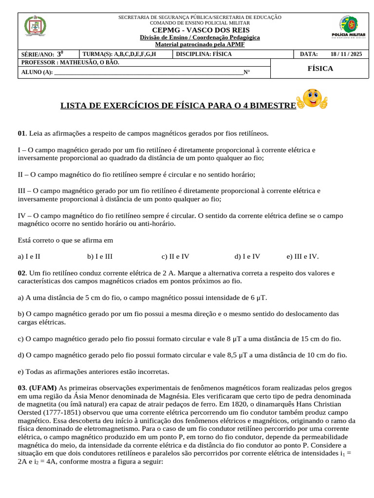 Lista de Exercícios de Física - 4º Bimestre | PDF | Magnetismo | Campo ...