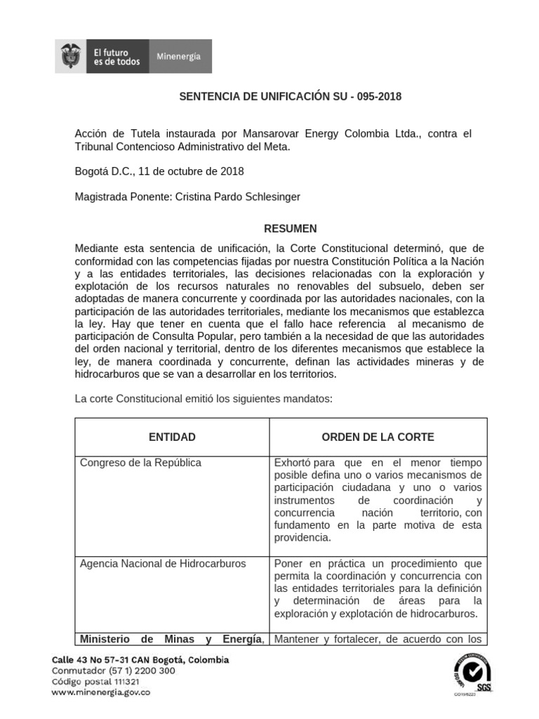 Resumen Sentencia SU - 095 de 2018 - Consultas Populares - Final | PDF