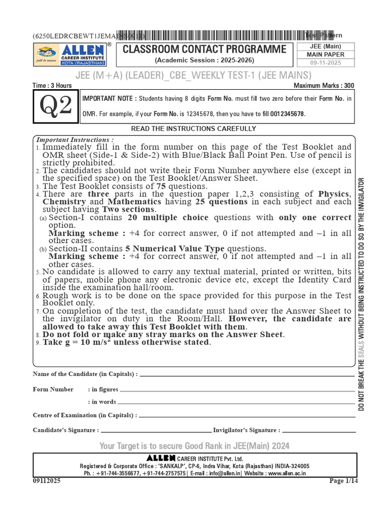 JEE Main 2025 Test Instructions and Format | PDF | Ferromagnetism ...