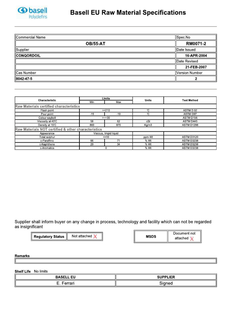 Basell EU Raw Material Specification | PDF