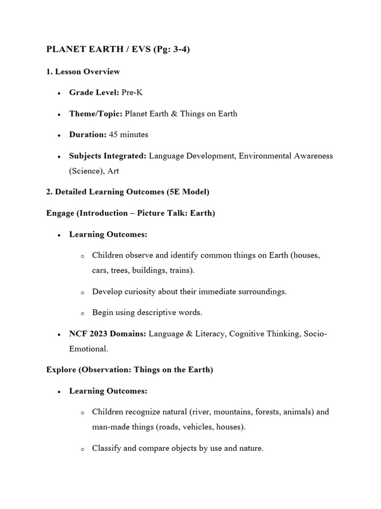 Pre-K Lesson Plan: Planet Earth Activities | PDF | Thought | Cognition