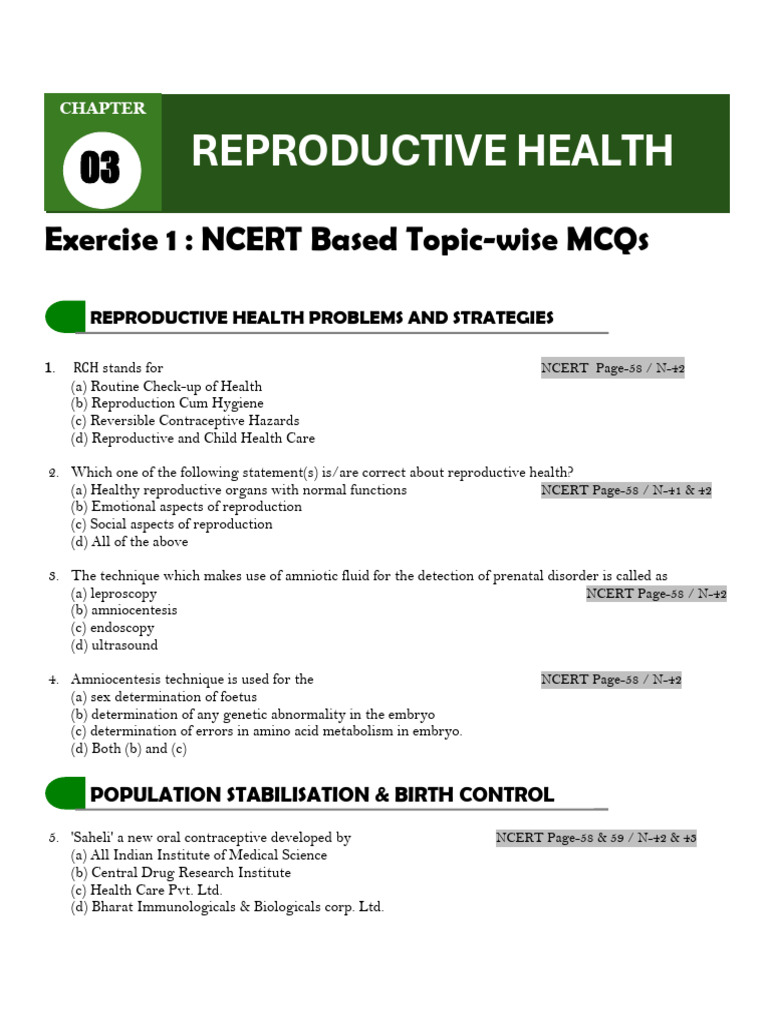 Reproductive Health MCQs for NCERT | PDF | Birth Control | Sexually ...