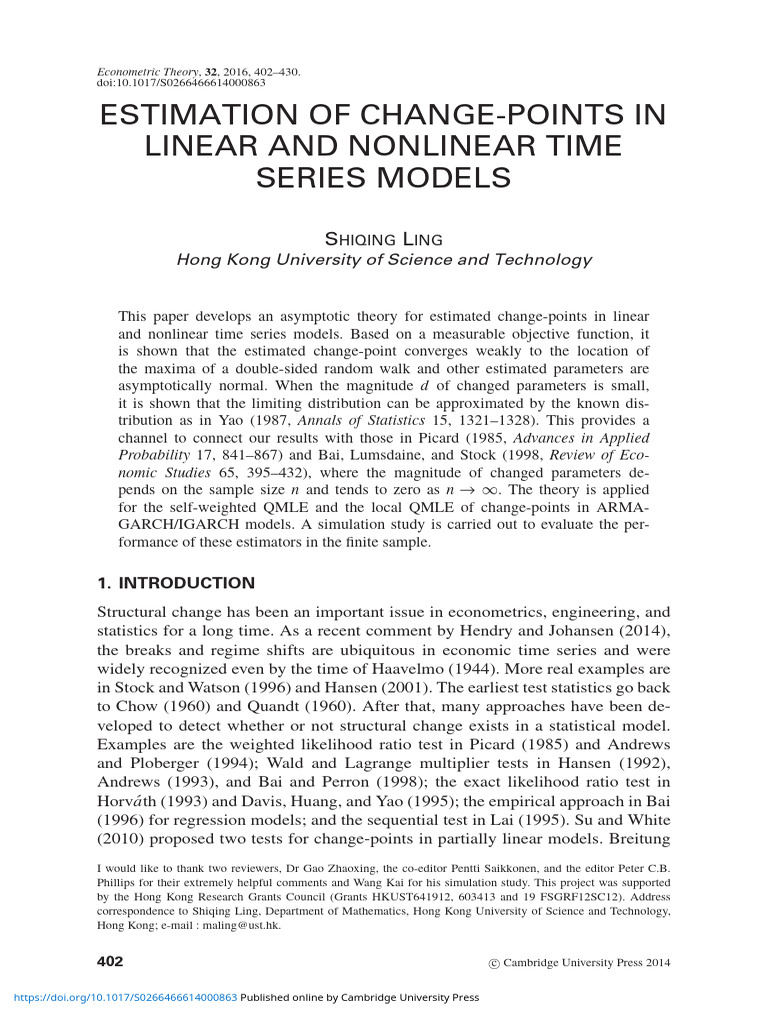 Estimation of Change Points in Linear and Nonlinear Time Series Models ...