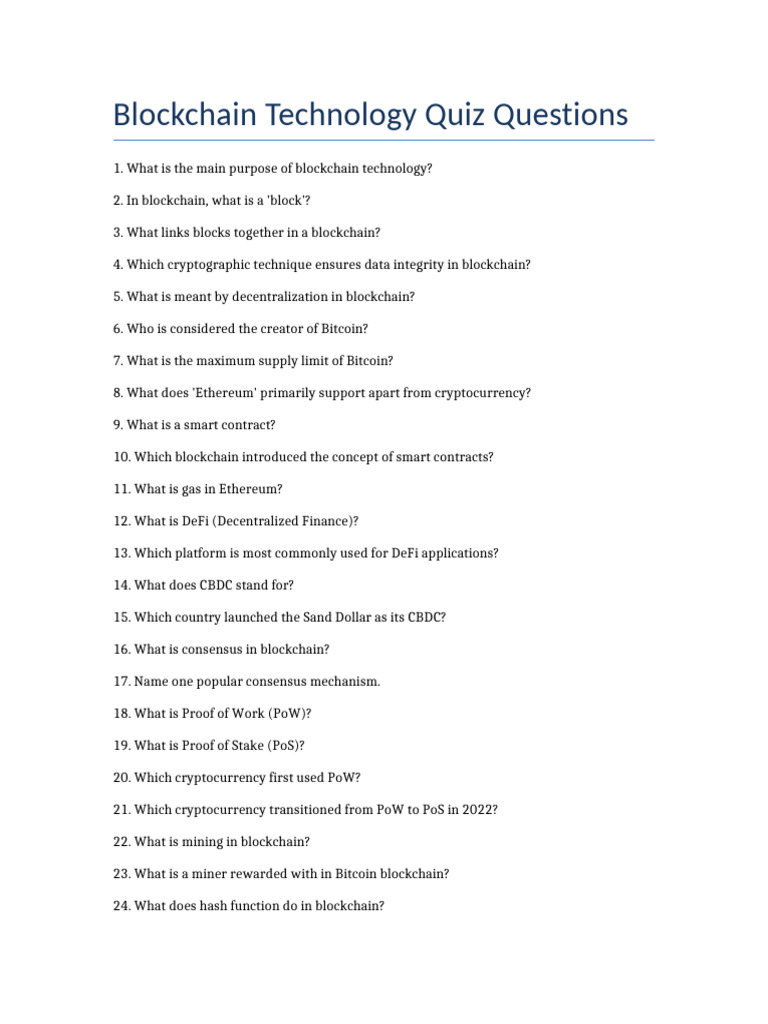 Blockchain Technology Quiz Questions | PDF