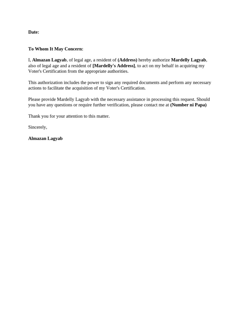 Voter's Certification Authorization Letter | PDF