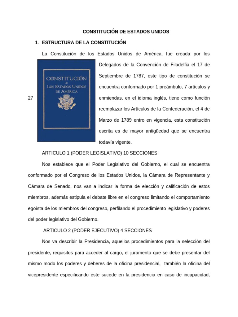 Constitución de Estados Unidos Trabajo Final | PDF | Ejecutivo ...