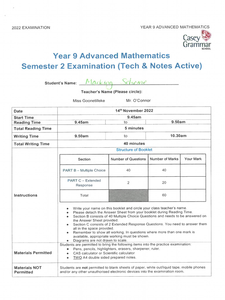 Year 9 Advanced Maths Exam PART B (Sem 2) SOLUTIONS | PDF