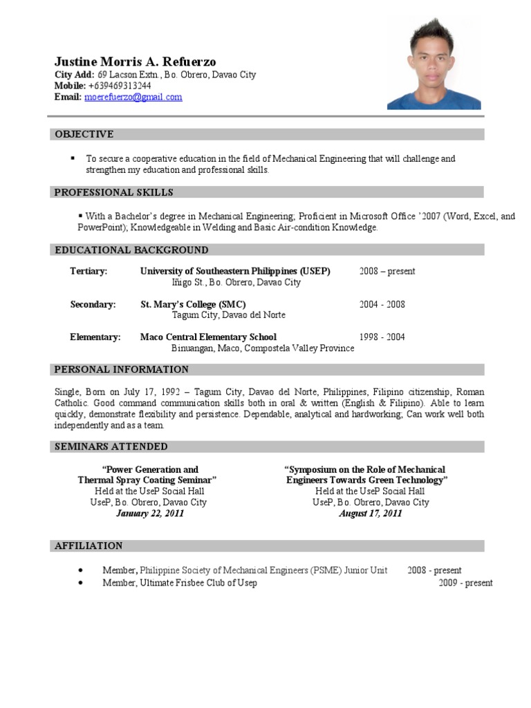USEP Mechanical Engineering Student Resume | PDF | Career & Growth