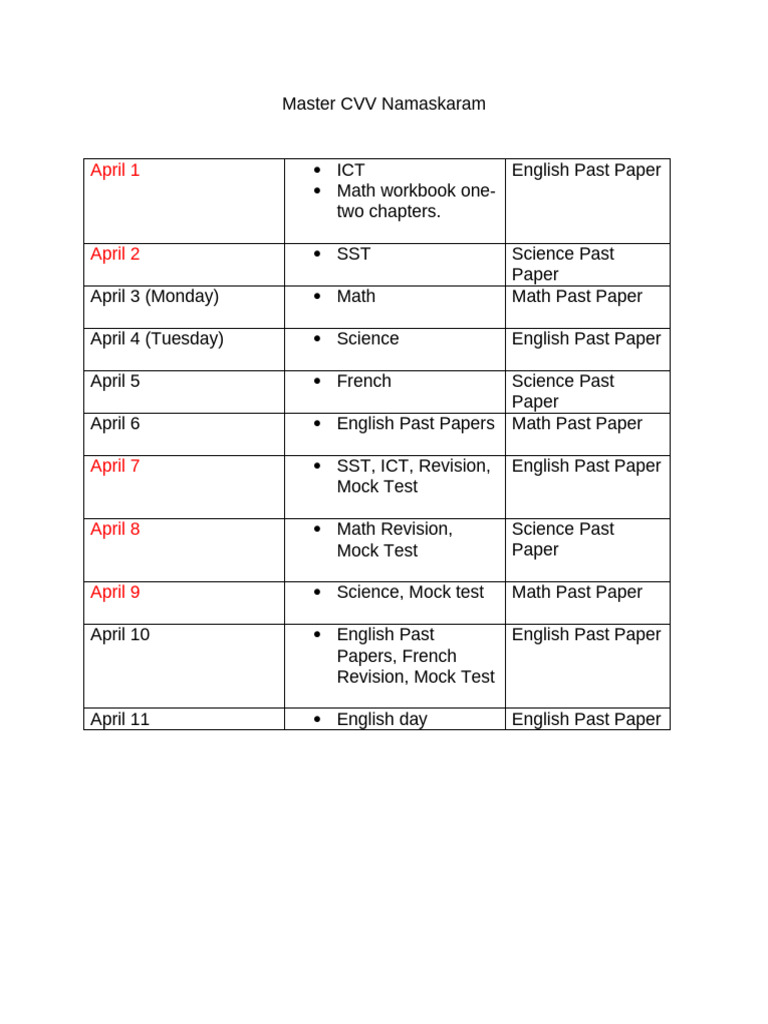 April Study Schedule and Past Papers | PDF