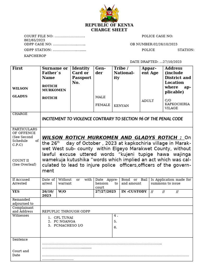 Kenya Charge Sheet: Incitement to Violence | PDF | Bail | Legal Action