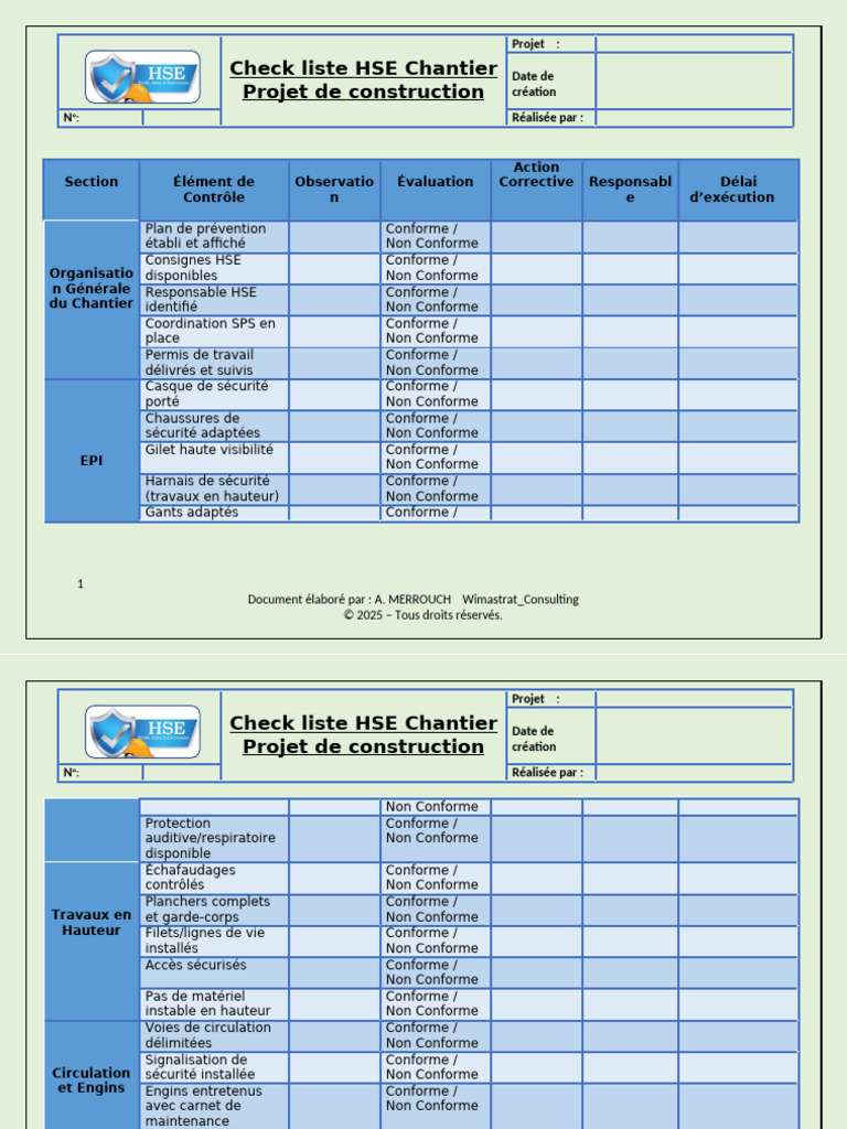 Checklist HSE pour Chantier de Construction | PDF | Sécurité
