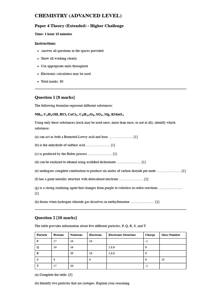 Advanced Chemistry Exam Paper 4 | PDF | Acid | Chemical Reactions