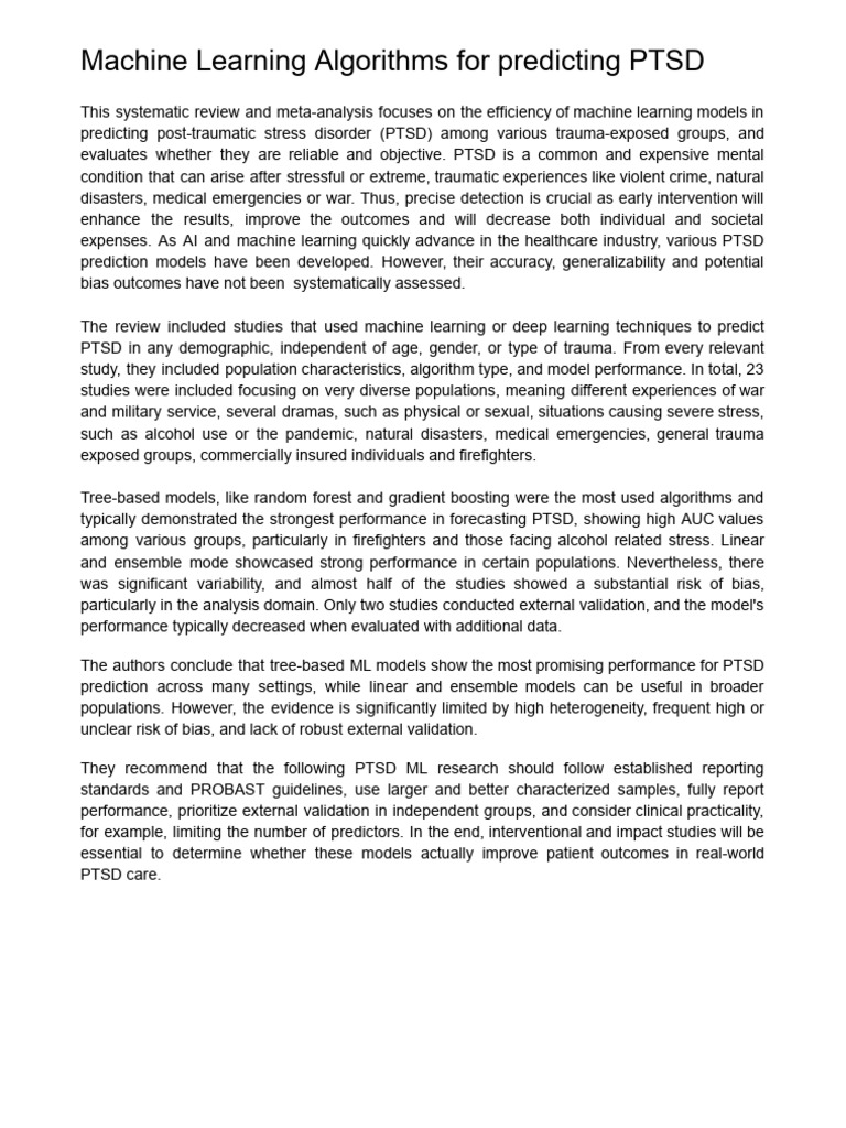 Sonia - Machine Learning Algorithms For Predicting PTSD | PDF | Machine ...