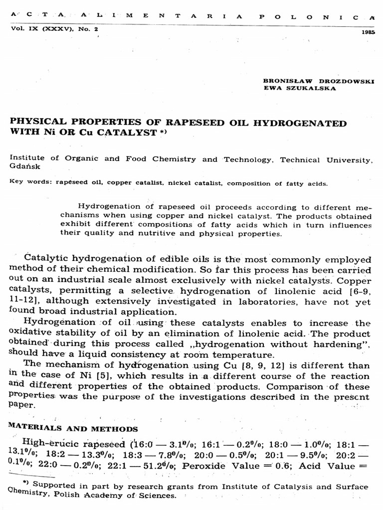 Rapeseed Oil Hydrogenation: Ni vs Cu Catalysts | PDF | Hydrogenation ...