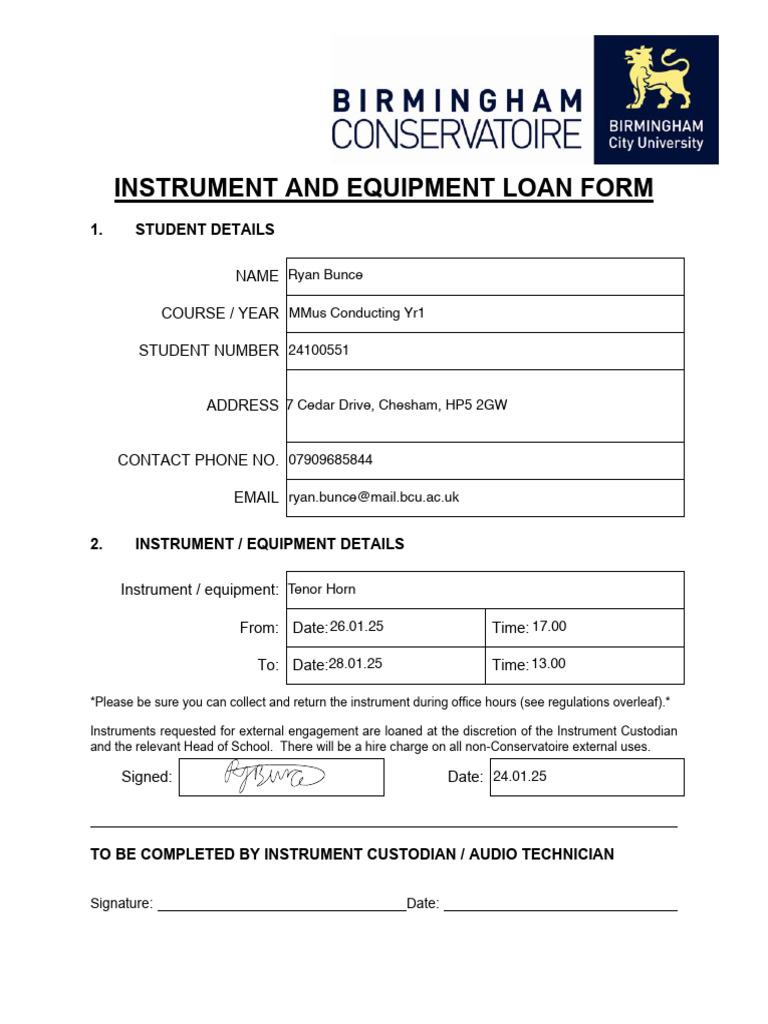 Instrument and Equipment Loan Form | PDF