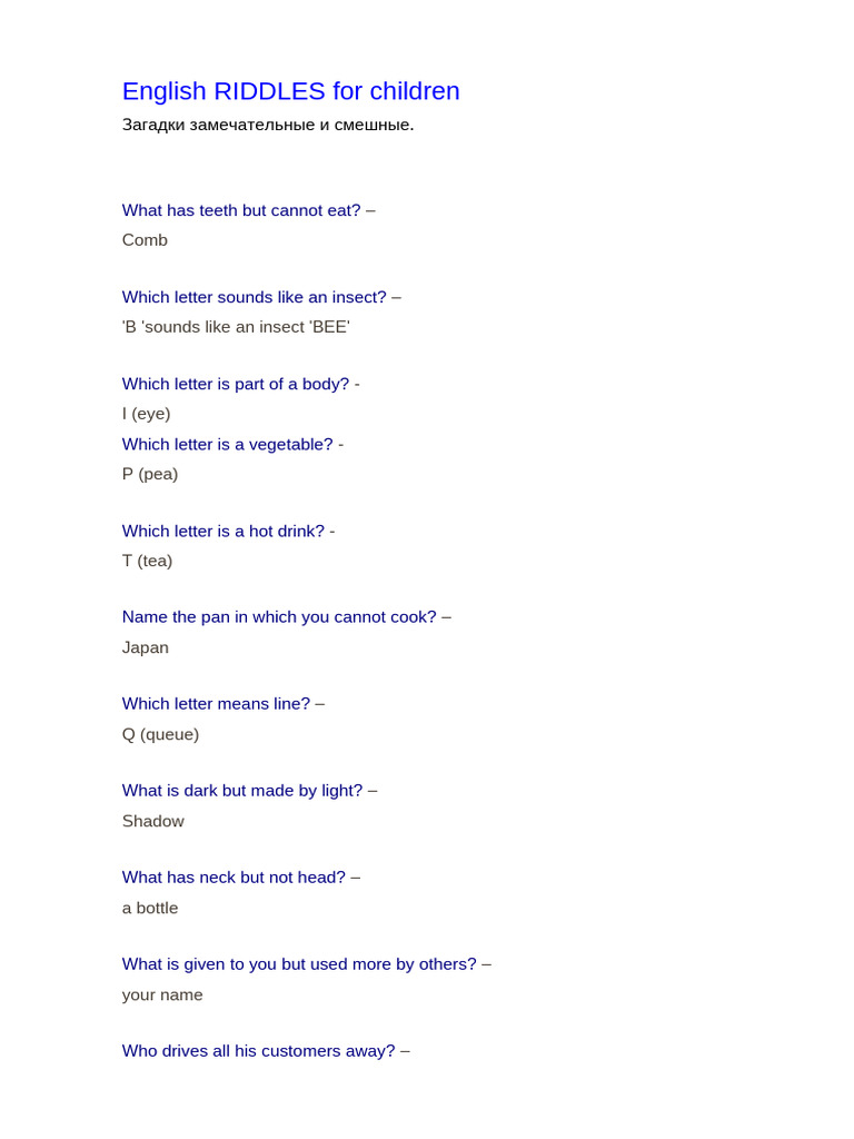 Fun English Riddles for Kids | PDF