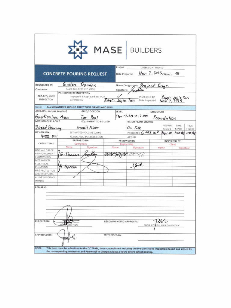 MBI-CPR-051 Approved Concrete Pouring Request 11nov.2025 | PDF