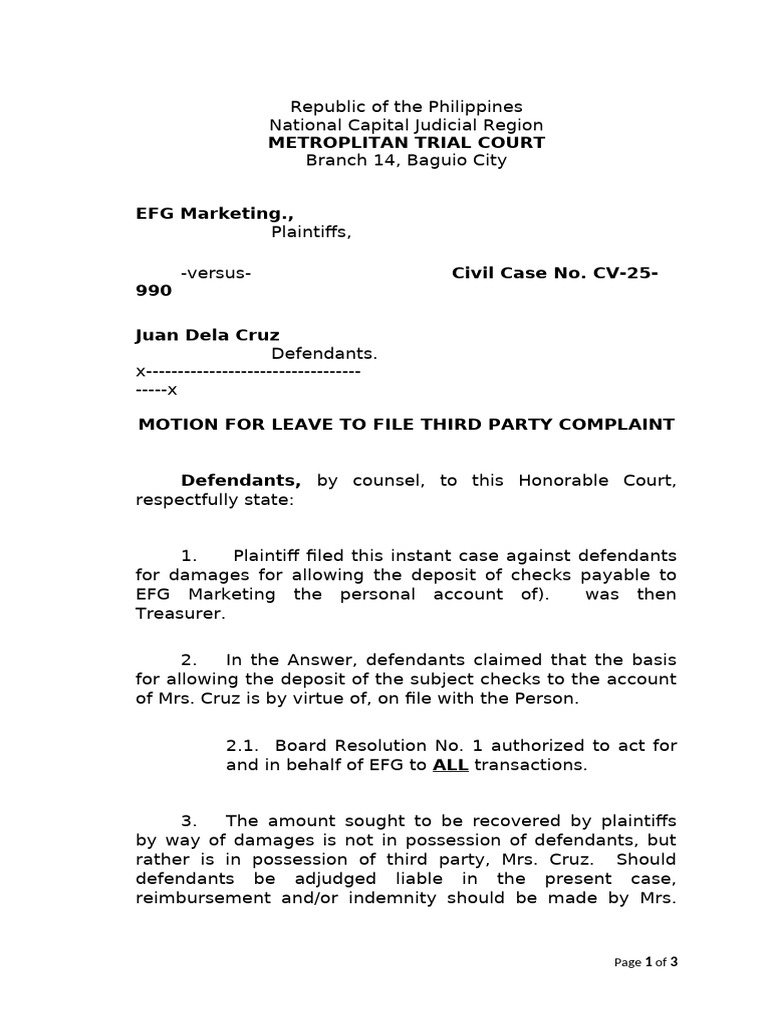 Motion For Leave - Sample | PDF | Civil Law (Common Law) | Legal Procedure