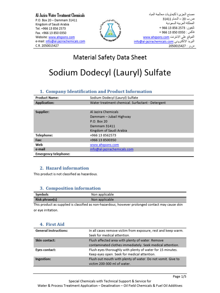 Sodium Dodecyl Sulfate Safety Data Sheet | PDF | Firefighting | Water