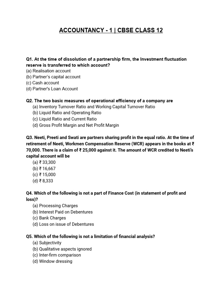 CBSE Class 12 Accountancy Practice Questions | PDF | Interest | Capital ...