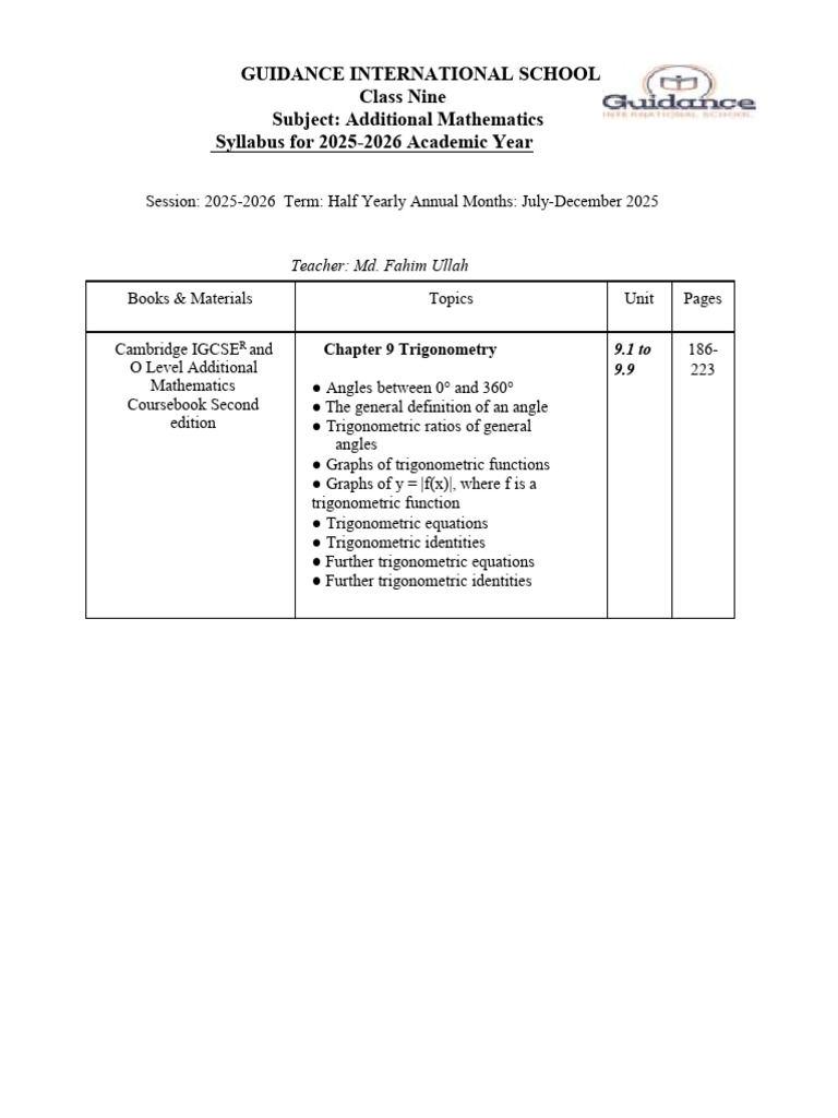 Class Nine Additional Mathematics Syllabus | PDF | Trigonometric ...