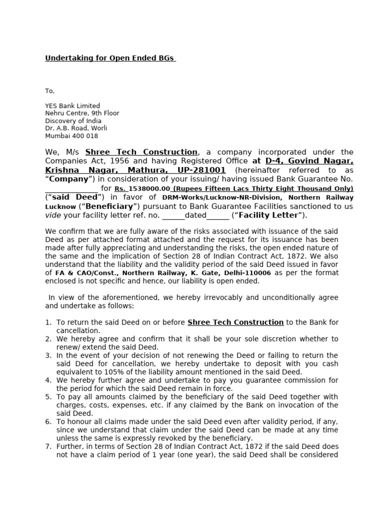 Open Ended Bank Guarantee Undertaking | PDF | Deed | Private Law