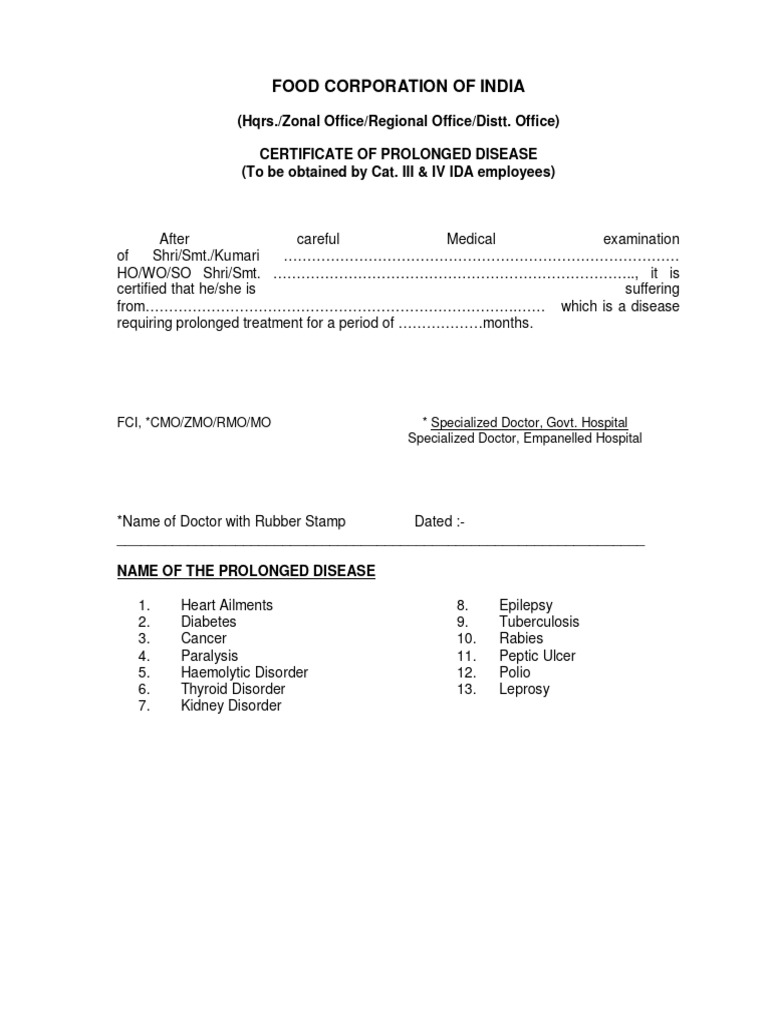 FCI Certificate for Prolonged Disease | PDF