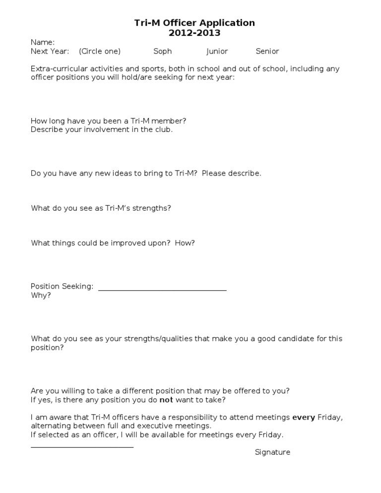 Tri-M Officer Application Form 2012-2013 | PDF