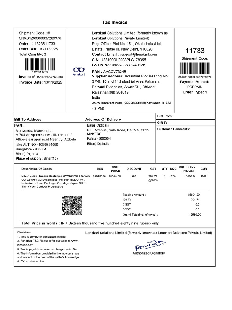 Tax Invoice for Lenskart Order 1323511733 | PDF | Invoice | Taxation