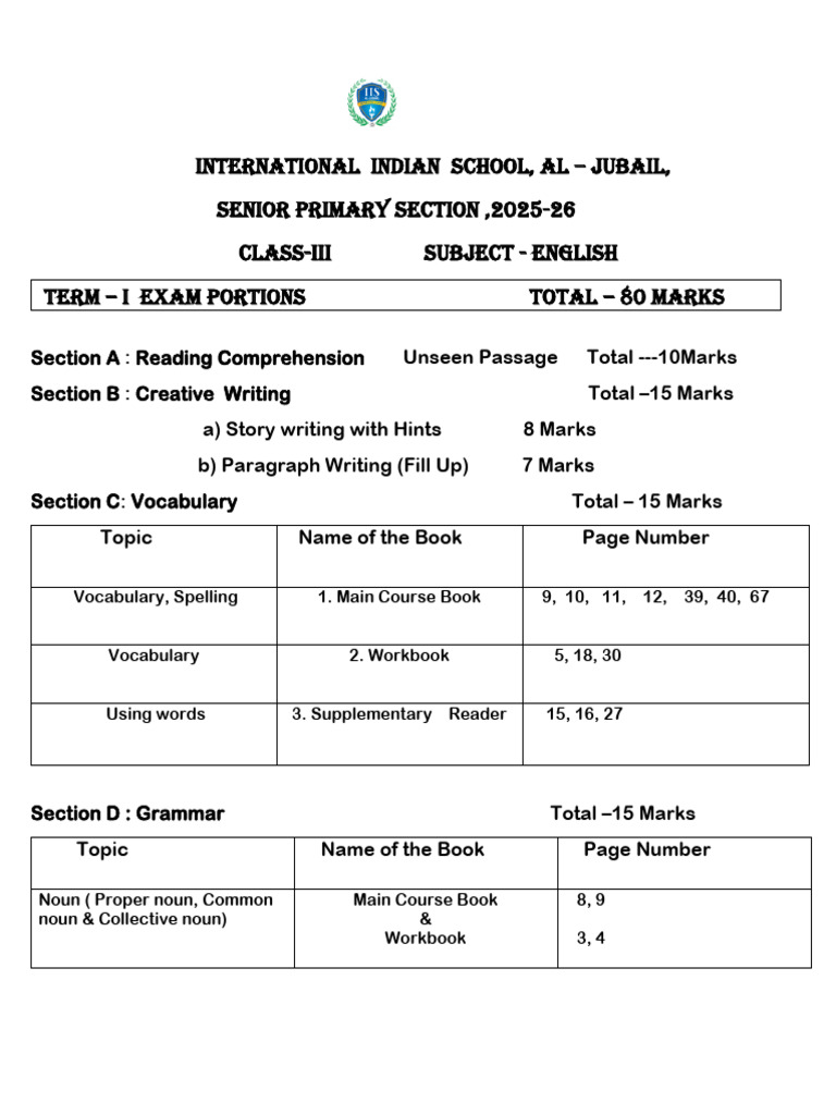 Class 3 Term -1 Exam Portions (2025-26) (3) | PDF | English Language