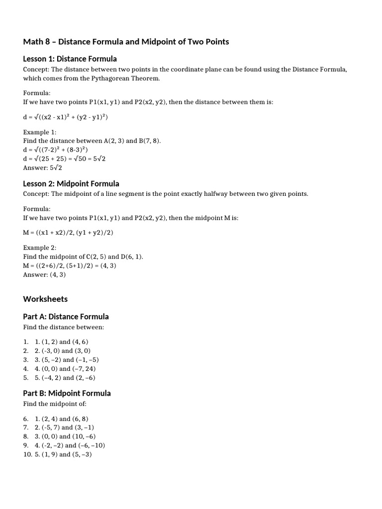 Math8 Distance Midpoint Worksheet | PDF