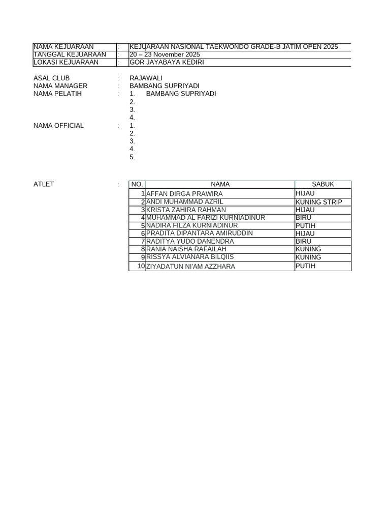 Form Pengajuan Rekom Kejuaraan Jatim Open 2025 - Rajawali | PDF