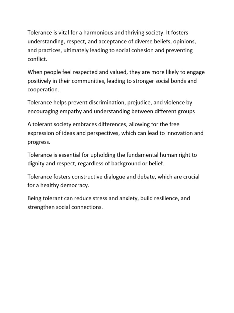 Tolerance Is Vital For A Harmonious and Thriving Society | PDF