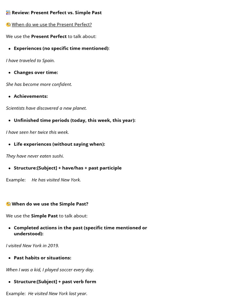 Present Perfect vs. Simple Past Guide | PDF | Language Mechanics | Grammar