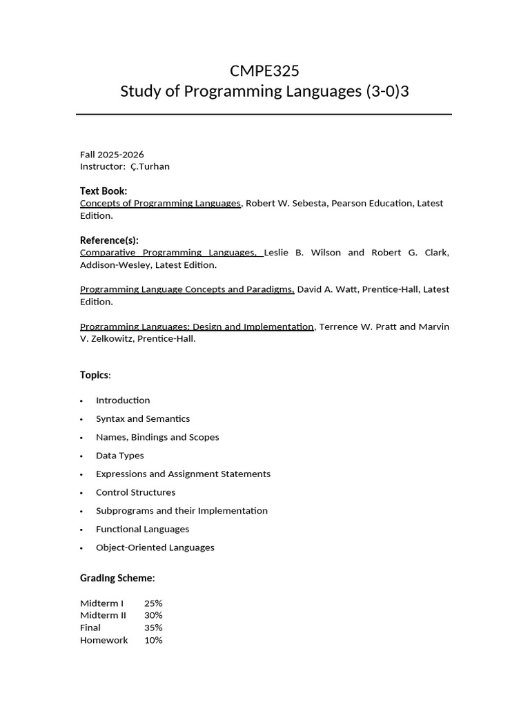 CMPE325 Programming Languages Course Guide | PDF