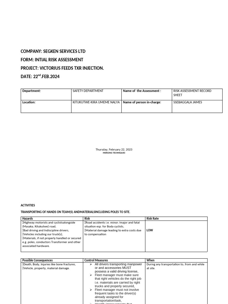 Initial Risk Assessment for Victorius Feeds | PDF | Driving | Risk