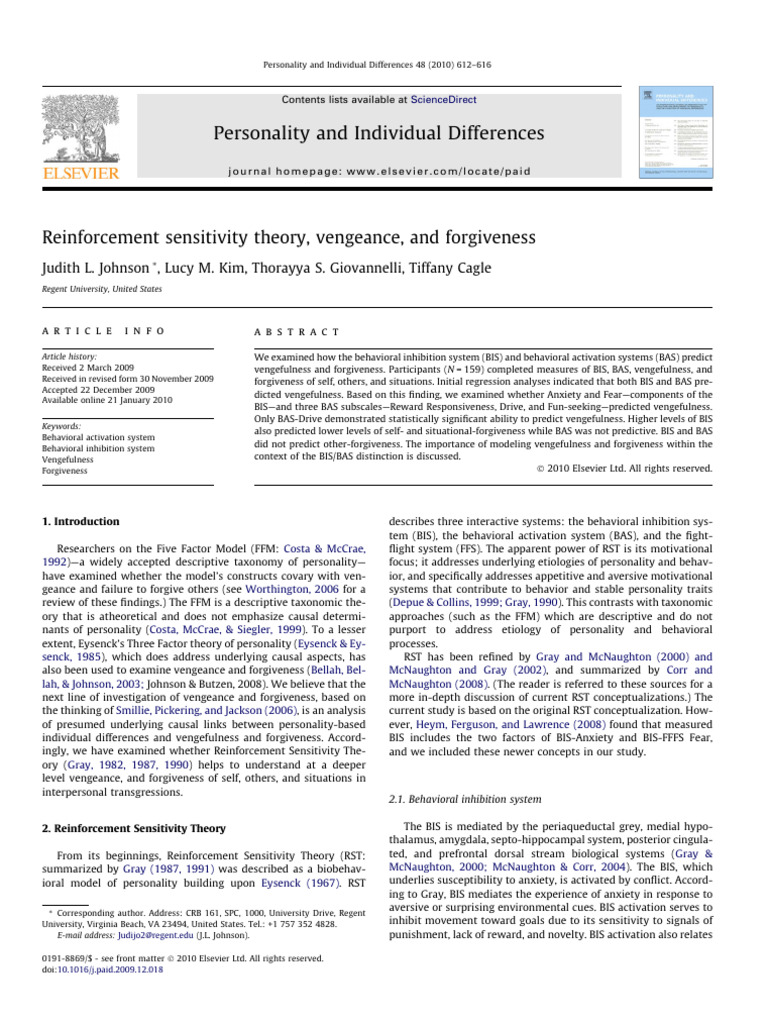 BIS/BAS Impact on Vengeance and Forgiveness | PDF | Psychology ...
