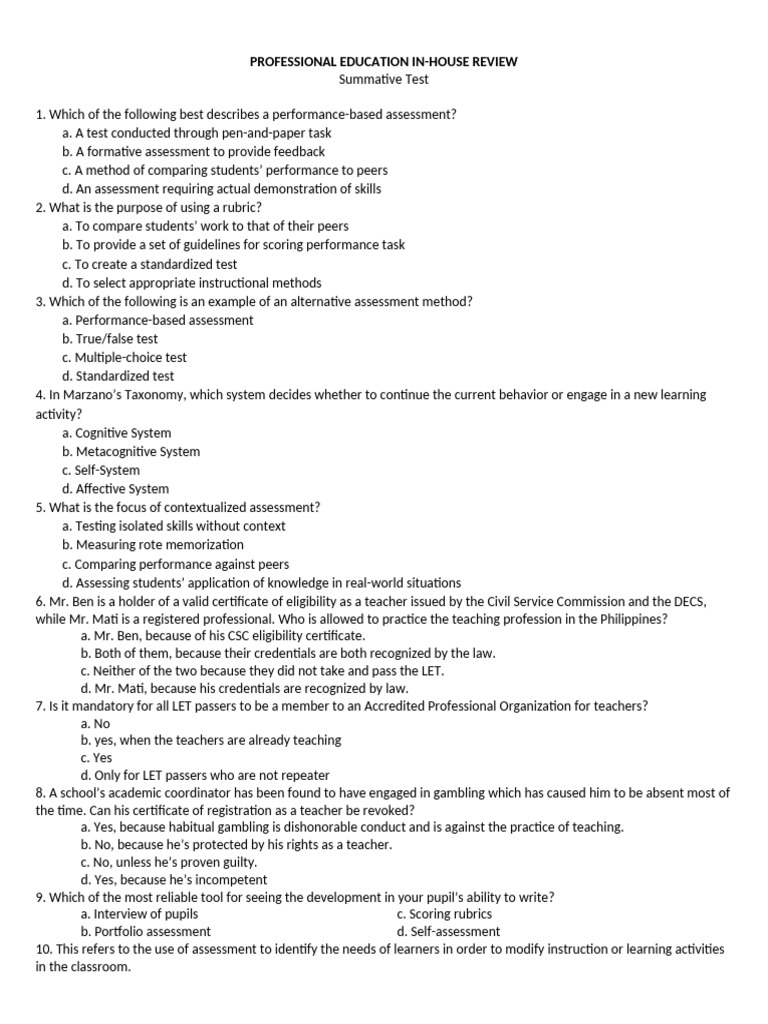 Inhouse Review (Prof. Ed) Summative Test | PDF | Educational Assessment ...