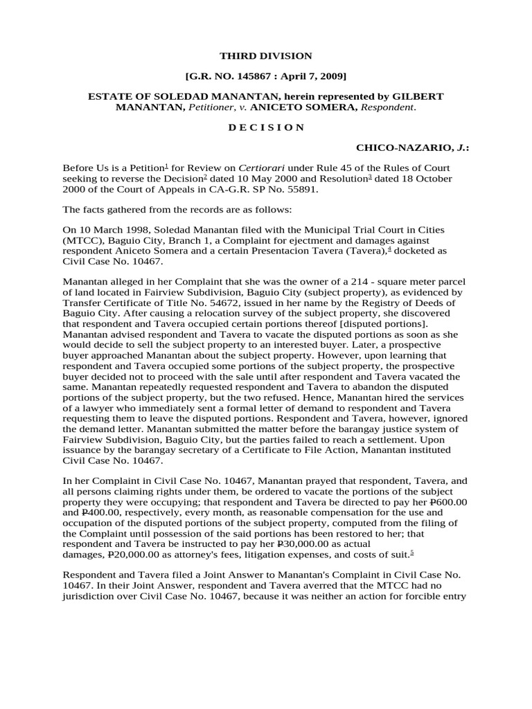 Ejectment Case: Manantan vs. Somera | PDF | Lawsuit | Complaint