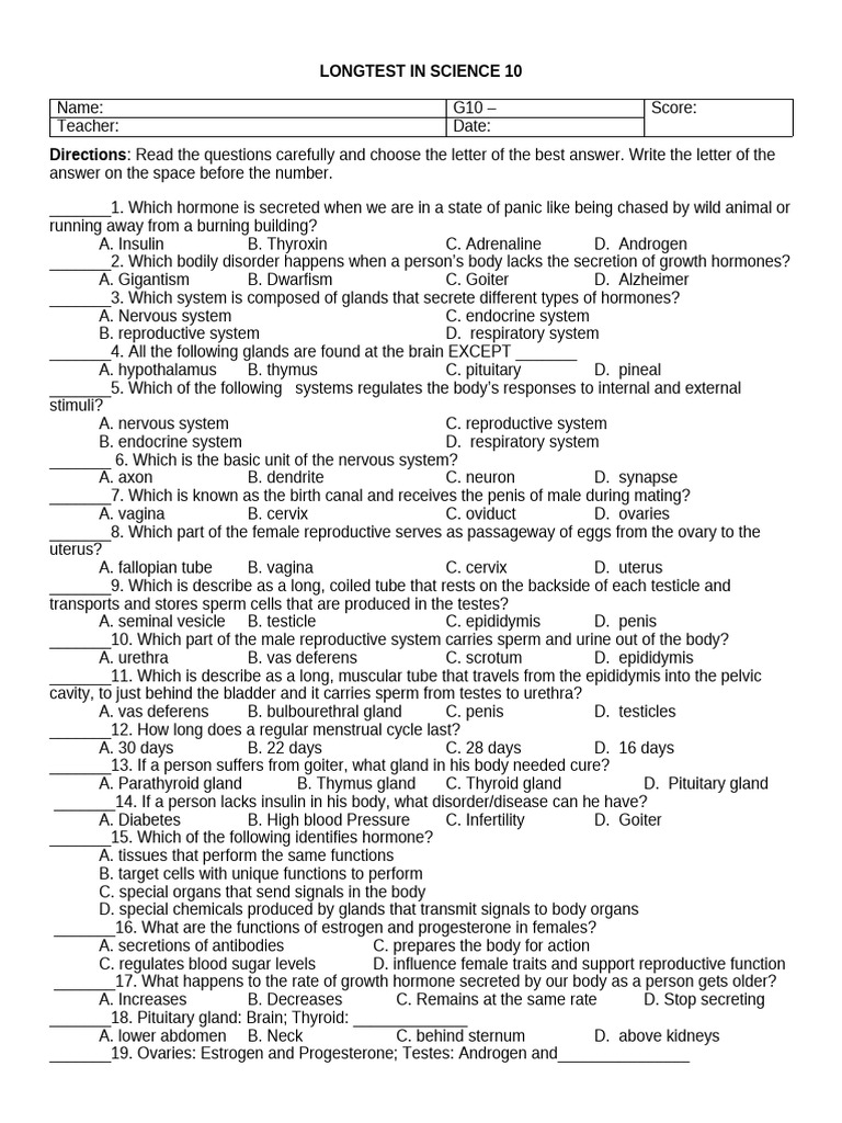 Science Quiz: Hormones and Genetics | PDF | Point Mutation | Nucleic ...