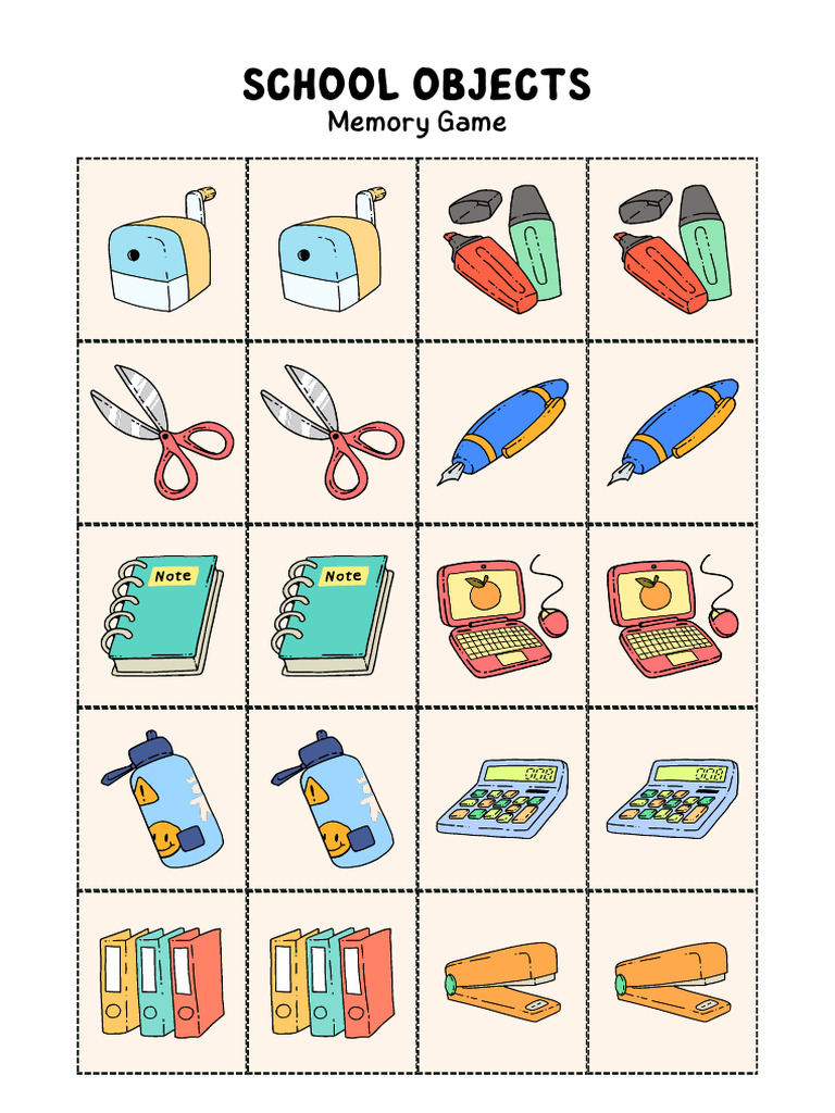 School Objects Memory Game Worksheet in Colorful Doodle Lined Style | PDF