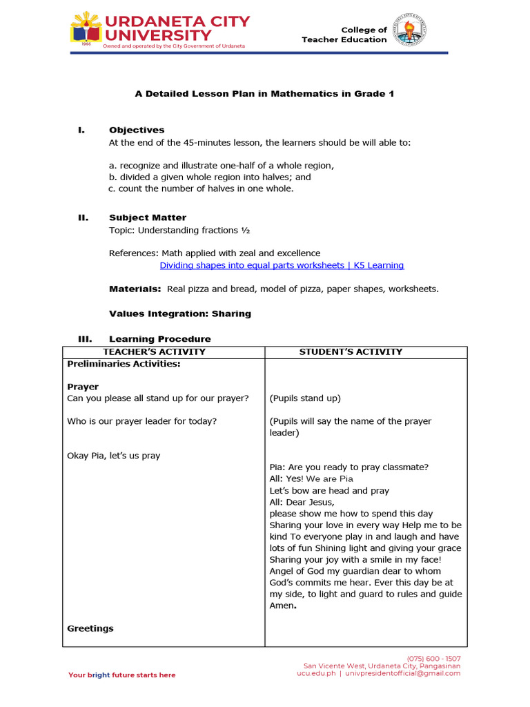 Grade 1 Math Lesson Plan: Fractions | PDF | Lesson Plan | Learning