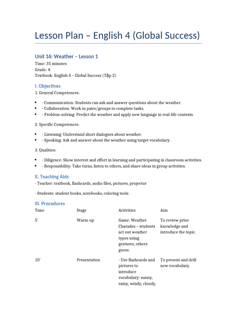 English 4 Weather Lesson Plan | PDF | Lesson Plan | Vocabulary