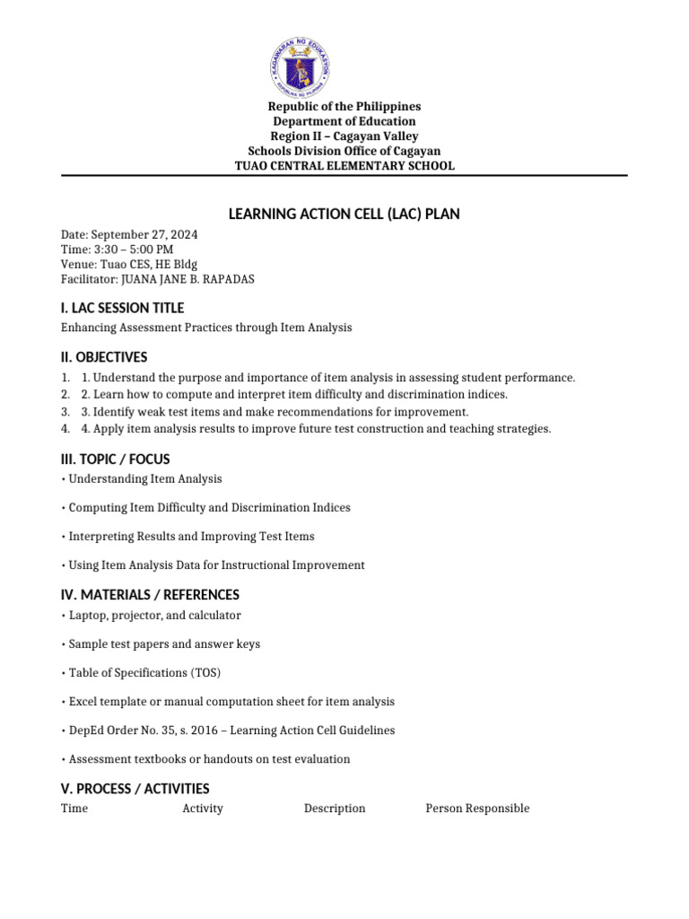 LAC Plan: Enhancing Assessment Practices | PDF | Learning | Cognition