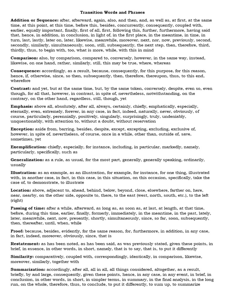 Essential Transition Words Guide | PDF