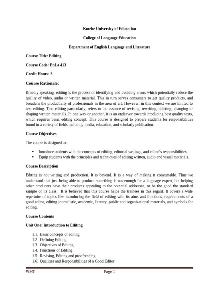 Editing Course Overview at Kotebe University | PDF | Editing | Written ...
