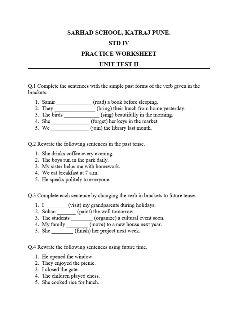 Sarhad School, Katraj Pune. STD Iv Practice Worksheet Unit Test Ii | PDF