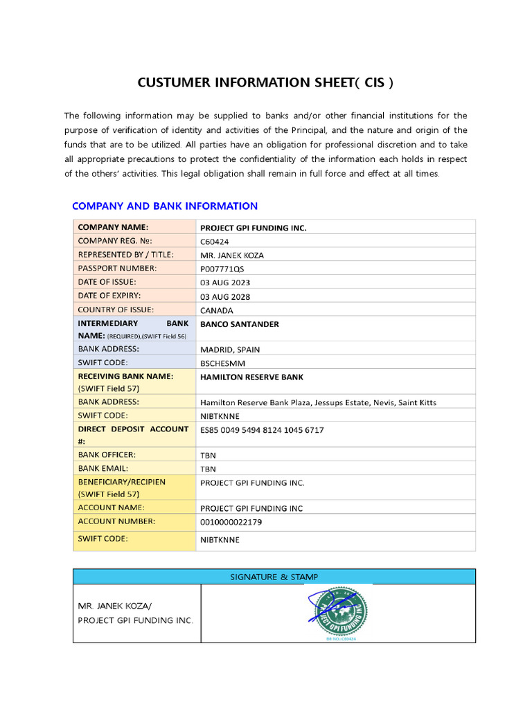 Custumer Information Sheet | PDF