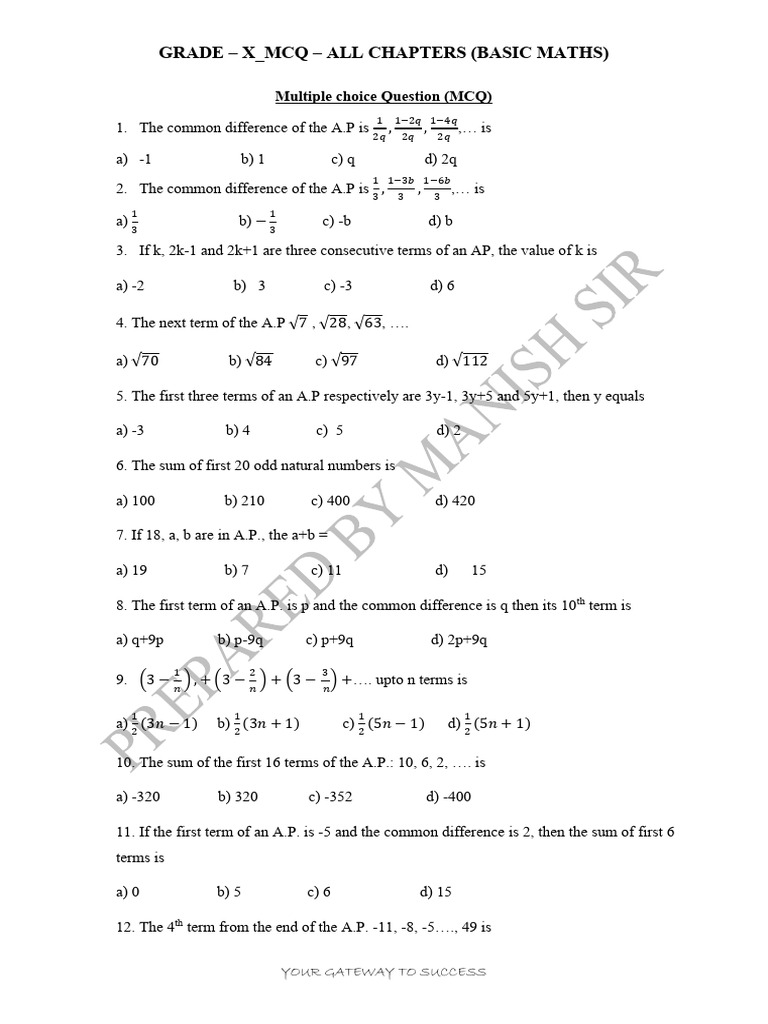 Grade X MCQ Basic Maths Practice | PDF | Circle | Triangle
