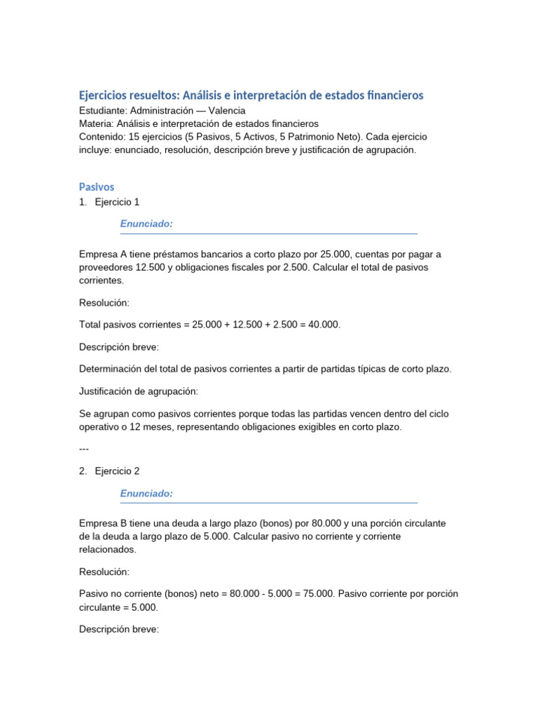 Ejercicios de Análisis Financiero Resueltos | PDF | Activo fijo | Valor ...